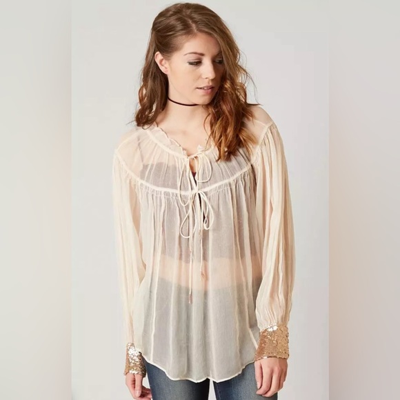 Free People Ivory Dream Sheer Split Neck Chiffon Sequin Cuff Boho Blouse Shirt S - Picture 1 of 8